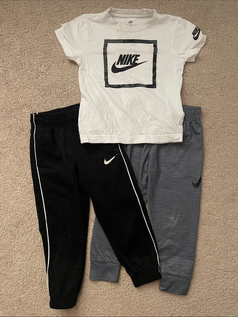 Nike Kids White Tee with Black Joggers & Gray Sweatpants